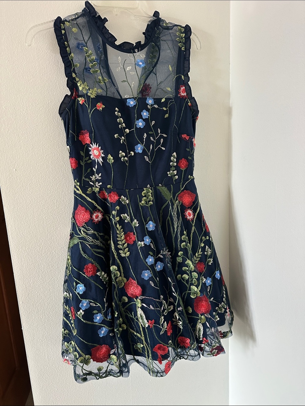 City Studio Navy Mini Dress with Red & Blue Floral Embroidery - Picture 1 of 3